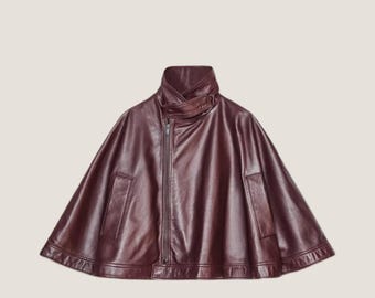 Veste cape en cuir bordeaux pour femme - Poncho asymétrique à fermeture éclair - Cape en cuir élégante à col haut - Vêtements d&#39;extérieur élégants pour l&#39;automne et l&#39;hiver