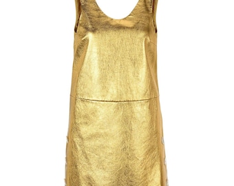 Minirobe en cuir métallisé doré - Robe droite de soirée brillante - Robe club trapèze sans manches - Robe de soirée glamour pour femme