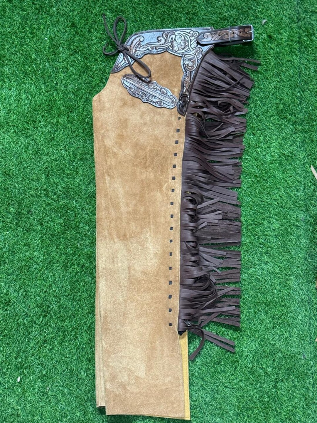 Handmade Leather Western Chaps | Tooled Yoke Fringe Chinks | Rodeo ...