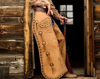 Vintage Western suède leren chaps met concho's – Cowboy Batwing Rodeo Chaps, met studs versierde ranch rijkleding, cowgirl westernkleding