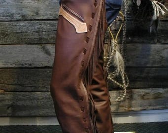 Handmade Brown Leather Fringe Chaps | Western Cowboy Leather Chaps | Biker Riding Chaps | Vintage Rodeo Leather Pants