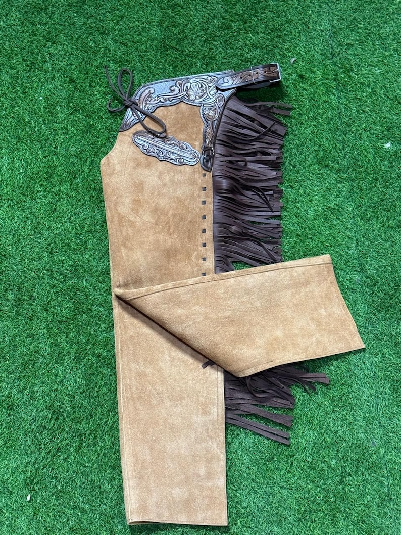 Handmade Leather Western Chaps | Tooled Yoke Fringe Chinks | Rodeo ...