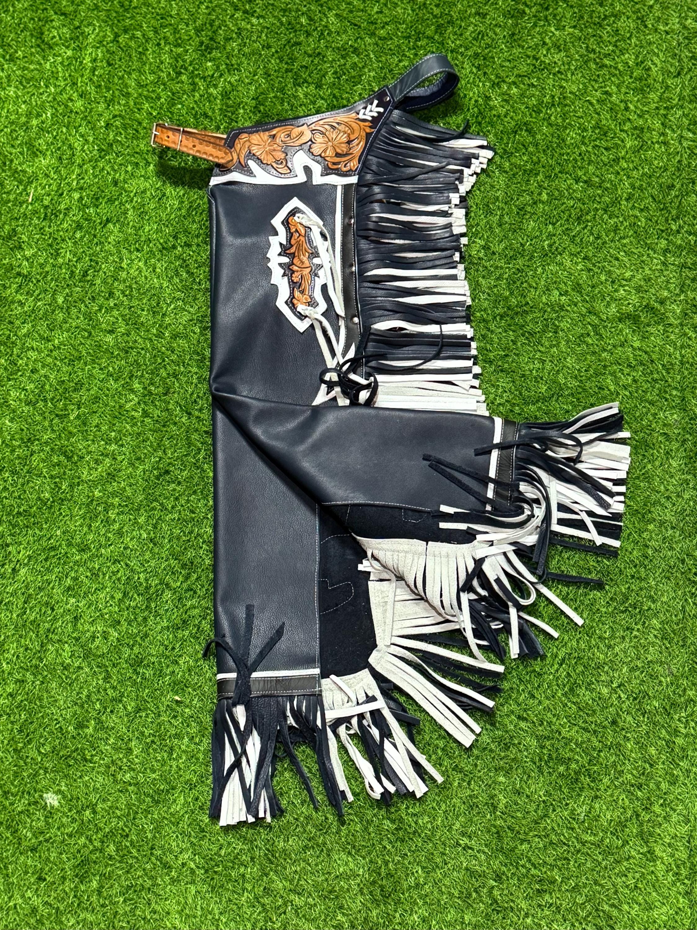 Custom Navy Blue Rodeo Chaps: Tooled Leather White Fringe -adult ...