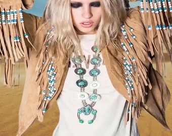 Boho Western Fringe Jacket Women | Suede Leather Jacket with Beads | Turquoise Cowgirl Outfit | Festival Bohemian Style Clothing
