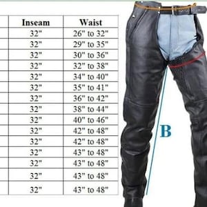 May include: Black leather motorcycle chaps with a size chart showing thigh, inseam, and waist measurements in inches. The chart ranges from 2XS to 10XL. The image also labels the thigh, inseam, and waist.