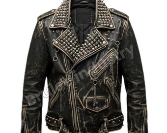 Black Studded Leather Biker Jacket | Punk Rock Motorcycle Jacket | Gothic Spiked Leather Jacket for Men | Vintage distressed moto jacket