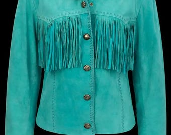 Turquoise Suede Fringe Jacket Women | Western Cowgirl Leather Coat | Boho Festival Jacket | Vintage Style Concho Button Shirt Jacket