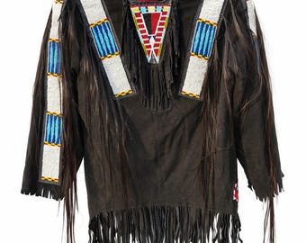 Indiaans geïnspireerd leren oorlogshemd met kralen, handgemaakte jas met franjes, tribale western top, boho festival outfit