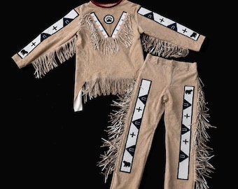 Handmade Leather Fringe Outfit for Men | Western Costume Set | Native Style Beaded Shirt and Pants