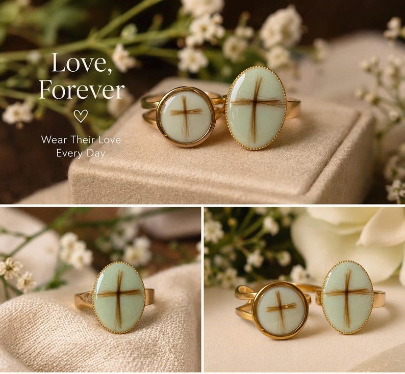 May include: Gold rings with a cross design. The rings have a light green oval or round center with a brown cross. The text "Love, Forever" and "Wear Their Love Every Day" is visible in the image.