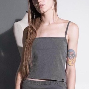 Cotton tank, vintage thin straps crop top oil‑wash, soft grey cotton camisole, underwear cotton top, summer yoga tank, everyday crop top