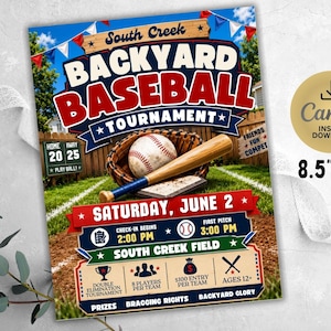 Könnte beinhalten: Ein Flyer für ein South Creek Backyard Baseball-Turnier mit den Maßen 21,6 cm mal 27,9 cm. Das Design zeigt einen Baseball, einen Handschuh und einen Schläger auf einem Feld, mit Text wie Saturday, June 2, 2:00 PM check-in, 3:00 PM first pitch und South Creek Field.