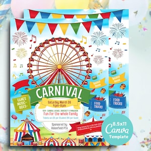 Könnte beinhalten: Karnevals-Event-Flyer mit Riesenrad, Feuerwerk und Karnevalszelten. Der Flyer enthält den Text "CARNIVAL" und Veranstaltungsdetails. Der Flyer ist eine 8,5x11 Canva-Vorlage.