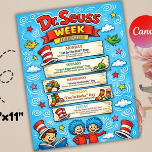 Könnte beinhalten: Ein Dr. Seuss Week Poster, ca. 21.6 cm x 28 cm, mit blauem Hintergrund und bunten Illustrationen. Das Poster zeigt den Text "Dr. Seuss Week" und tägliche Themen wie "Cat in the Hat Day" und "Fox in Socks Day".