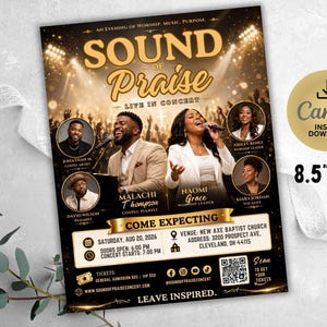 Op de afbeelding: Een concertflyer getiteld Sound of Praise met gouden tekst, podiumverlichting en portretten van artiesten. Het bevat evenementdetails voor 20 augustus 2026 in de New Axe Baptist Church, een QR-code en de afmetingen 21,59 cm bij 27,94 cm.