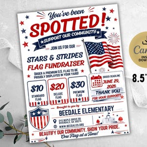 Könnte beinhalten: Ein Flyer für eine Stars & Stripes Flaggen-Spendenaktion der Beedale Elementary mit einer US-Flaggen-Grafik, rotem und blauem Text sowie Preisen für Standard-, Deluxe- und Premium-Flaggen. Der Flyer misst 21,59 cm x 27,94 cm und nennt den 29. Juni 2026 als Frist.