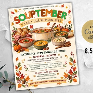 Könnte beinhalten: Ein Flyer für einen herbstlichen Suppenwettbewerb mit dem Titel SOUPTEMBER, illustriert mit Suppenschüsseln, einem großen Topf, Brot und Herbstblättern. Der Text enthält das Datum 26. September 2026, Ortsangaben und Veranstaltungsinformationen. Der Flyer misst 21,6 cm mal 27,9 cm.