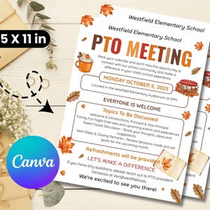 May include: Two A4 flyers for a PTO meeting, with autumn-themed graphics. The flyers have the text "PTO MEETING" and include the date, October 5, 2025. The Canva logo is visible.