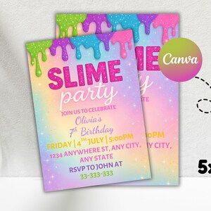 Könnte beinhalten: Zwei 5x7 Zoll Slime Party Einladungen mit bunten tropfenden Schleim Akzenten. Die Einladungen enthalten den Text "Slime Party" und Details für Olivias 7. Geburtstag.
