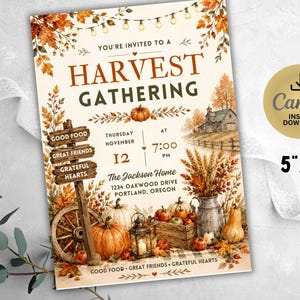 Harvest Gathering Invitation, Editable Fall Harvest Party Invite, Autumn Festival Invitation, Harvest Dinner Invite, Canva 5x7 Template