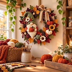 Pode incluir: Uma guirlanda decorativa de outono com um gnomo de crochê, abóboras, girassóis e folhas de outono em tons de laranja, vermelho, amarelo e verde. A guirlanda é decorada com um laço de juta e pequenas pinhas e bagas espalhadas.