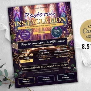 Pastoral Installation Church Program Canva Template-Editable Bifold Brochure-Pastor Appreciation Service Invitation-Gold Black-Church Event