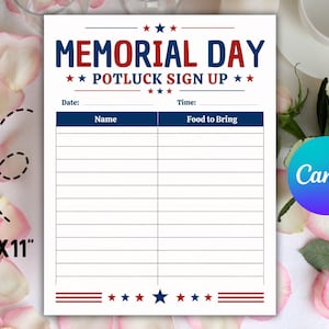 Könnte beinhalten: Ein weißes DIN A4 Memorial Day Potluck-Anmeldeformular. Das Design zeigt rote, weiße und blaue Sterne und Streifen. Das Formular enthält Abschnitte für Datum, Uhrzeit, Name und mitzubringendes Essen.