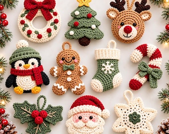Bundel met haakpatronen voor kerstversieringen, 10 kerstboomdecoraties in PDF-formaat, beginnersvriendelijke digitale download.