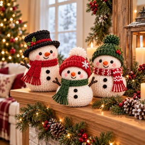 Könnte beinhalten: Drei gestrickte Schneemann-Figuren mit weißen Körpern und schwarzen Knöpfen. Der linke Schneemann trägt einen schwarzen Zylinder und einen roten Schal. Der mittlere Schneemann hat eine rote Mütze mit weißem Bommel und einen grünen Schal.