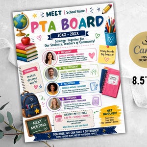 Op de afbeelding: Een 21,6 cm x 27,9 cm PTA-bestuursflyer-sjabloon met een wereldbol, stapel boeken, rugzak en schoolbenodigdheden. De tekst bevat MEET PTA BOARD, 20XX-20XX, Stronger Together, en secties voor Voorzitter, Vicevoorzitter, Secretaris en Penningmeester.