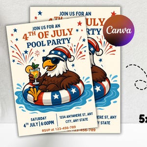 Könnte beinhalten: Zwei 5x7 Zoll Einladungen für eine Poolparty zum 4. Juli. Das Design zeigt einen Cartoon-Adler mit Sonnenbrille und patriotischem Hut, der in einem Pool mit einem Getränk schwimmt. Die Einladungen enthalten Eventdetails.