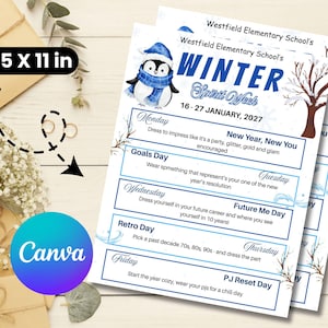 Könnte beinhalten: Zwei Blätter im Format 21,6 x 27,9 cm mit einem Schulveranstaltungskalender. Das obere Blatt zeigt eine Pinguingrafik und den Text "Westfield Elementary School's WINTER Spirit Week 16-27 JANUAR, 2027". Der Kalender enthält thematische Tage.