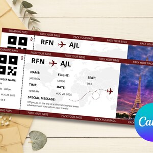 May include: Two boarding pass designs with the text "RFN AJL" and flight details. One pass features a QR code and passenger information. The other shows the Eiffel Tower at sunset. The text "Pack Your Bags" is repeated.