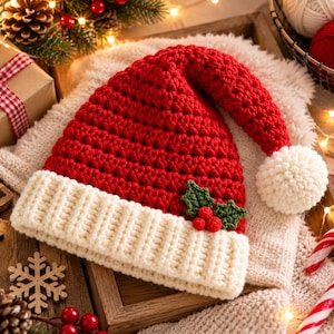 Könnte beinhalten: Eine rote gehäkelte Weihnachtsmütze mit einem dicken, gerippten weißen Rand, einem weißen Bommel an der Spitze und einer kleinen gehäkelten grünen Stechpalmenblatt-Applikation mit drei roten Beeren an der Vorderseite.