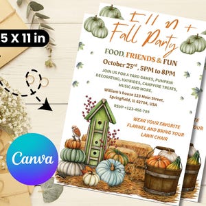 Könnte beinhalten: Ein 21,6 x 27,9 cm große Einladung zur Herbstparty mit Kürbissen und dem Text „Food, Friends & Fun“. Die Einladung enthält Veranstaltungsdetails wie Datum, Uhrzeit und Ort. Das Design zeigt Herbstfarben und ein rustikales Thema.