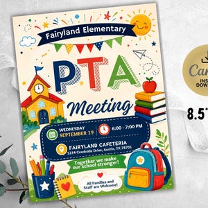 Könnte beinhalten: Ein Flyer für das Fairland Elementary PTA-Treffen mit den Maßen 21,6 cm mal 27,9 cm. Das Design zeigt ein Schulgebäude, einen Bücherstapel mit Apfel, einen Rucksack und Schulsachen. Der Text enthält Datum, Uhrzeit, Ort und den Satz Together we make our school stronger.