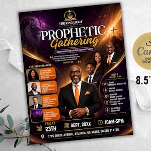 Könnte beinhalten: Ein rechteckiger Flyer für das The King Light Ministries Prophetic Gathering mit den Maßen 21,59 cm mal 27,94 cm. Das Design zeigt ein zentrales Porträt eines Mannes im Anzug, Bilder von Rednern, Veranstaltungsdetails und den Text Shifting Into Divine Appointment.