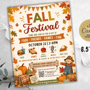Könnte beinhalten: Ein Herbstfest-Flyer mit den Maßen 21,6 cm mal 27,9 cm, verziert mit Herbstblättern, einer Vogelscheuche und Kürbissen. Der Text lautet Fall Festival, October 22, 2-6PM, und enthält einen QR-Code sowie Informationen zu Speisen und Spielen.