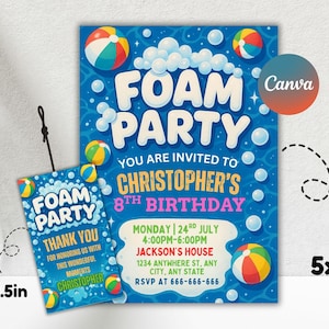 Invitation à une fête en mousse, invitation à une fête en mousse, fête d'été sur le tapis d'éclaboussures, modèle numérique personnalisable, carte d'anniversaire à bulles, téléchargement instantané