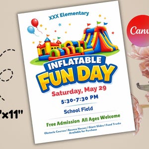 Könnte beinhalten: Ein Flyer für einen Inflatable Fun Day an der XXX Elementary School mit bunten aufblasbaren Strukturen, Luftballons und Veranstaltungsdetails: Samstag, 29. Mai, 17:30-19:30 Uhr, Schulhof. Der Flyer ist 21,6 cm x 27,9 cm groß.