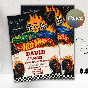 Bewerkbare Hot Wheels verjaardagsfeestjesuitnodiging, Hot Racing Cars verjaardagsuitnodiging, Hot Wheels raceauto verjaardagsfeestje sjabloon, Canva bewerkbaar