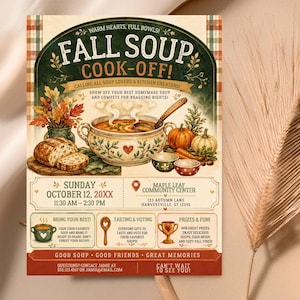 Könnte beinhalten: Ein rechteckiger Flyer für einen Herbst-Suppen-Wettbewerb. Das Design zeigt eine zentrale Illustration einer dampfenden Suppenterrine, Brot, Kürbisse und Gemüse. Der Text enthält Veranstaltungsdetails, Datum, Uhrzeit und Ort.