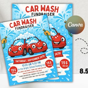 Editable Car Wash Fundraiser Flyer Template - School PTO PTA Car Wash Poster - Community Fundraising Invitation - Printable Car Wash Event
