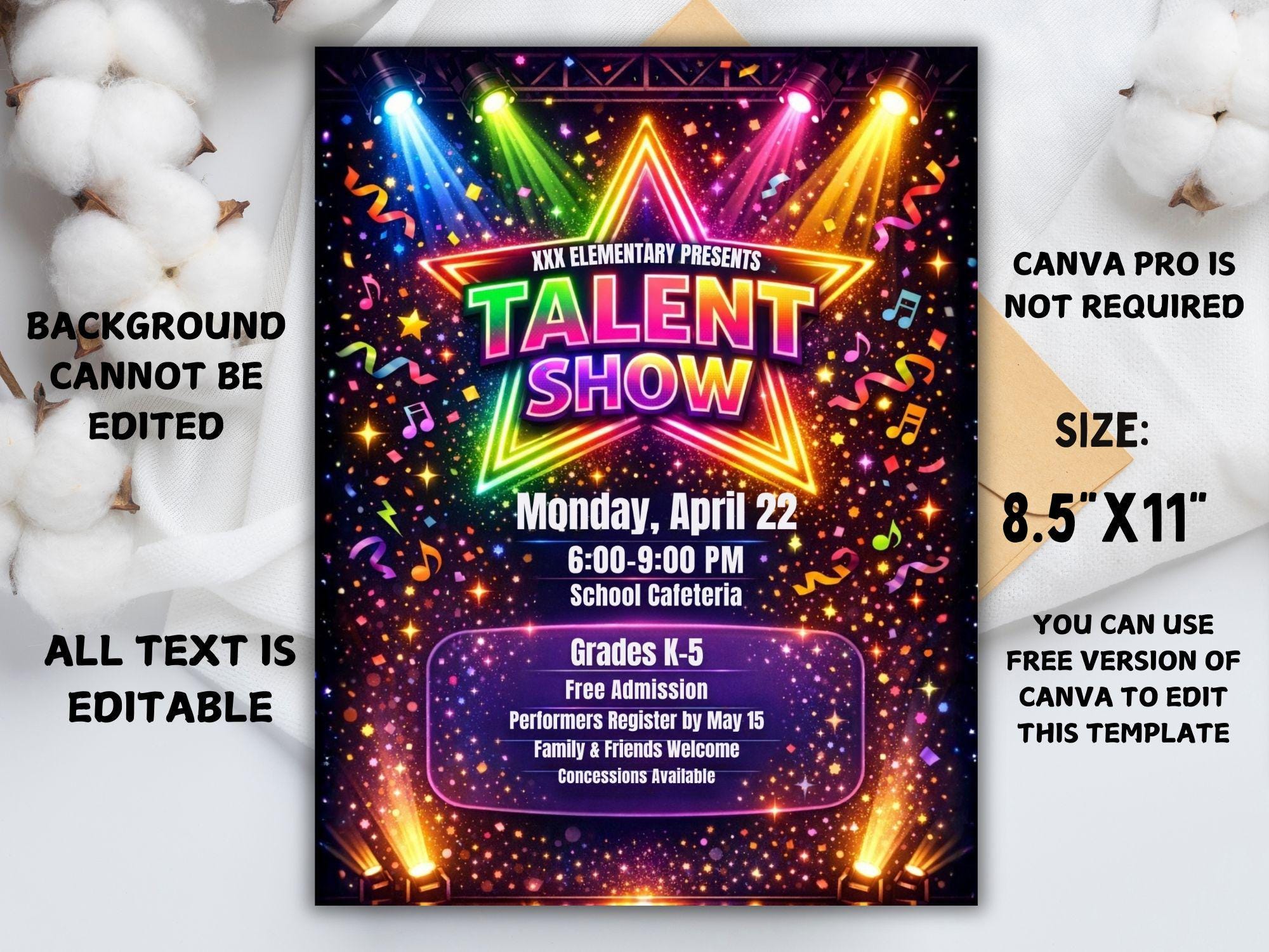 School Talent Show Flyer Template Editable in Canva | Elementary ...
