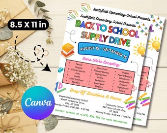 Editable School Supply Drive Flyer Template, Printable Back to School Flyer Canva Template, Supplies Flyer Poster, School Fundraiser Flyer