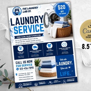 Könnte beinhalten: Ein Flyer für den Wäscheservice The Laundry Lab Co. mit den Maßen 21,6 cm mal 27,9 cm. Der Flyer enthält blauen und weißen Text, eine Waschmaschine, Stapel gefalteter Handtücher in Weidenkörben sowie Kontaktinformationen inklusive Telefonnummer.