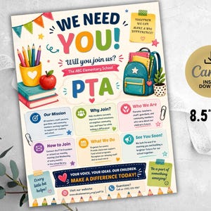 Könnte beinhalten: Ein 21,6 cm mal 27,9 cm großer Flyer für einen Elternbeirat mit bunten Illustrationen von Stiftebecher, Büchern, Apfel und Rucksack. Der Text lautet We Need You, Will You Join Us und PTA, mit Abschnitten zu Mission, Beitritt und Kontaktinfos.