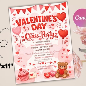 Könnte beinhalten: Eine Einladung zur Valentinstags-Klassenparty, 21,6 cm x 27,9 cm, mit roten und rosa Herzen, Luftballons und einem Teddybär, der ein Herz hält. Der Text lautet "Valentinstags-Klassenparty".