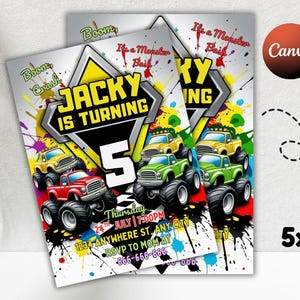 Könnte beinhalten: Geburtstagseinladungen mit Monster-Truck-Grafiken in Rot, Gelb und Grün. Die Einladungen tragen den Text "Jacky wird 5" und enthalten Veranstaltungsdetails. Das Design umfasst farbenfrohe Farbspritzer und die Maße 13 x 18 cm.