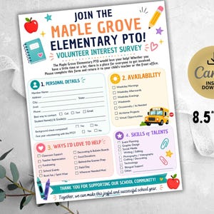 Könnte beinhalten: Ein 21,6 cm mal 27,9 cm großes Formular für eine Freiwilligenumfrage der Maple Grove Elementary PTO mit bunten schulbezogenen Grafiken wie einem Apfel, einem Bleistift, einem Notizbuch und einem Schulbus sowie Abschnitten für persönliche Angaben.